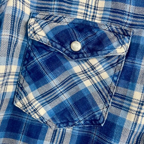 American Eagle Womens Blue Plaid Boyfriend Fit Snap Button Shirt Size L - Picture 8 of 15